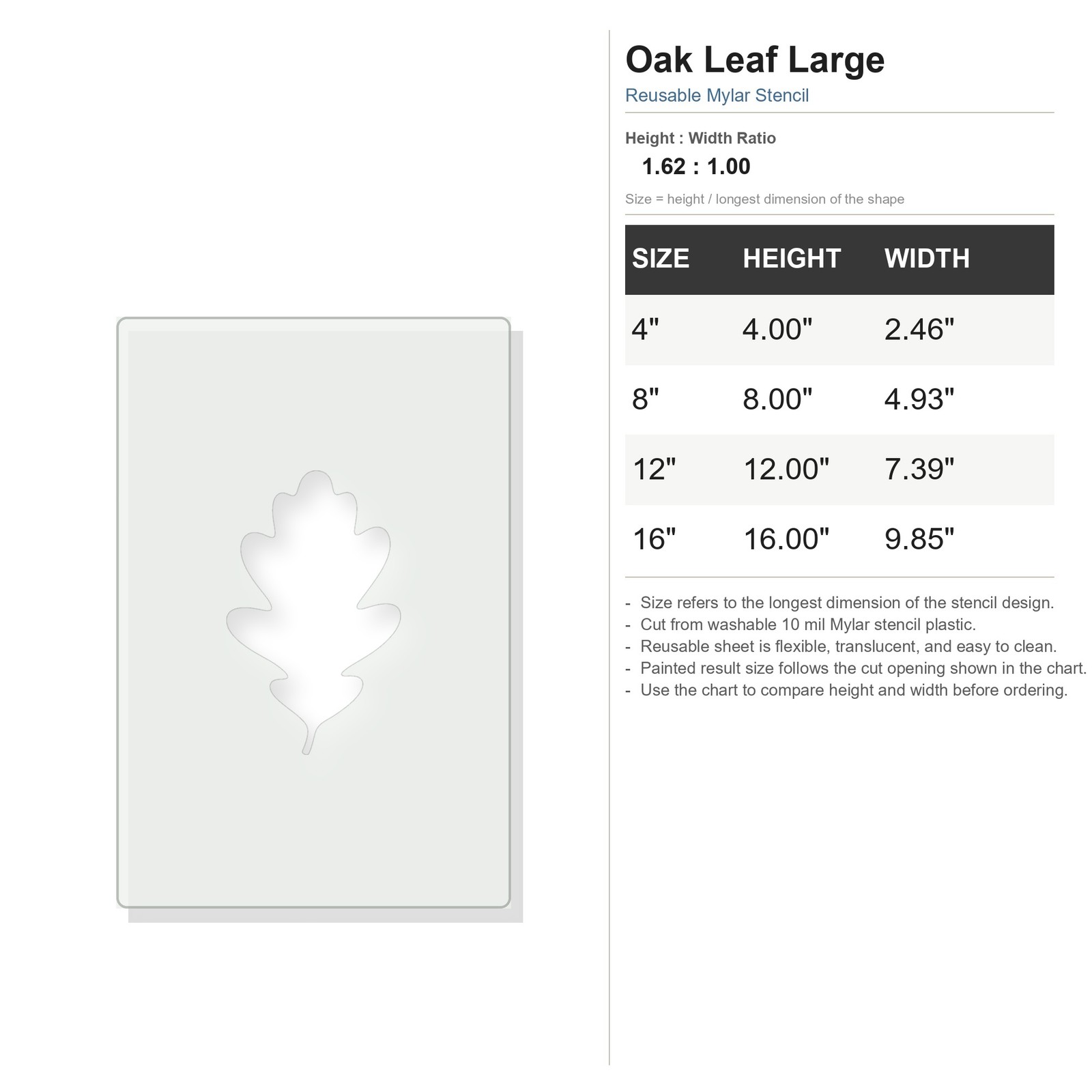 Oak Leaf Large Reusable Mylar Stencil, 10 mil Plastic Paint Stencil for Crafts