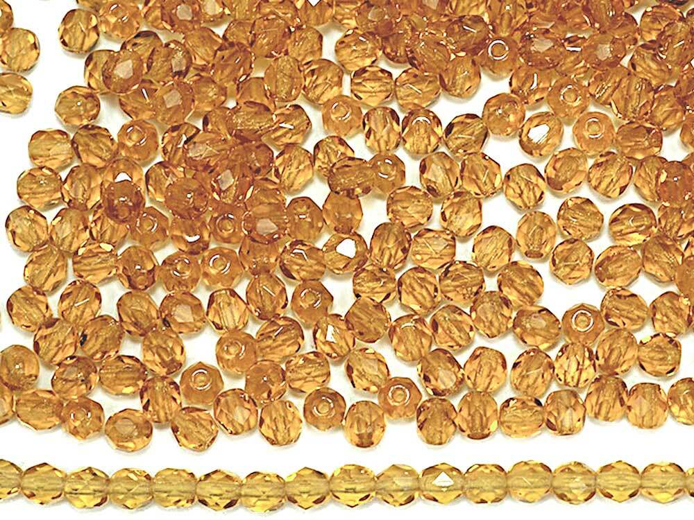 Czech Fire Polished Round Faceted Glass Beads in Light Topaz, 16” golden brown