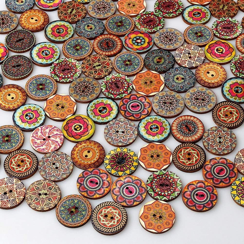 Eubags 100 Pcs Mixed Color Wood Buttons, 1 Inch Natural round Shapes Retro Vinta