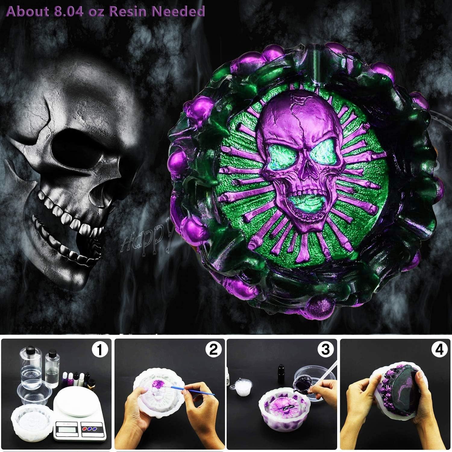 Resin Mold, Silicone Ashtray Mold Halloween Skull DIY Craft Gift Epoxy Resin Cas