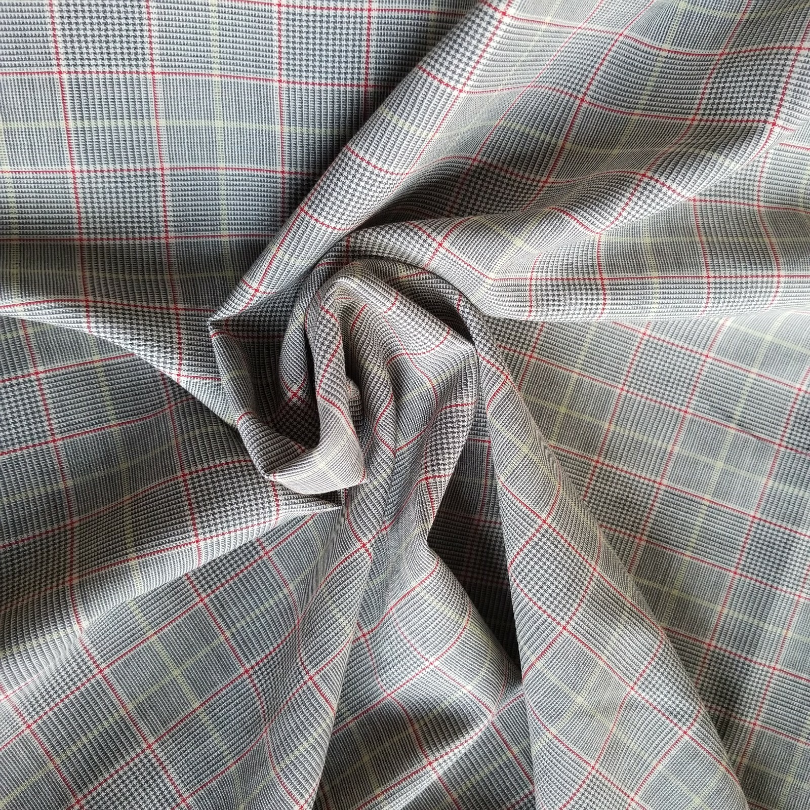 Glen Plaid Wool Suiting in Gray, White, Red, and Yellow – Wonderful! LAST PIECE!