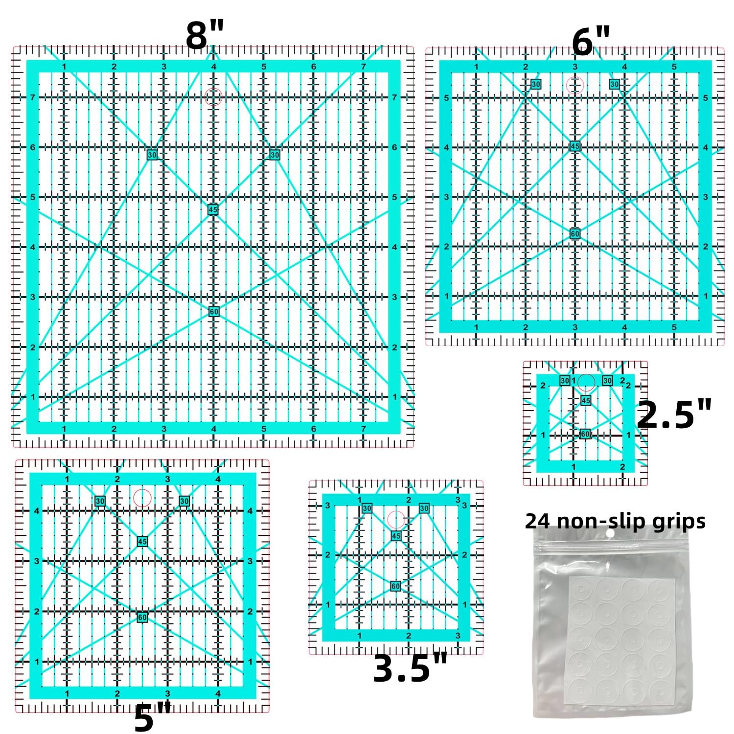 Quilting Rulers(2.5″,3.5″, 5″, 6″,8″),5 Templates Square Ruler blue