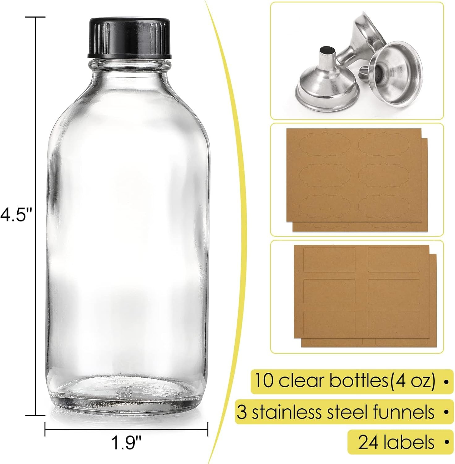 10 Pack, 4 Oz Small Clear Glass Bottles W/Lids & 3 Stainless Steel Funnel – 120M