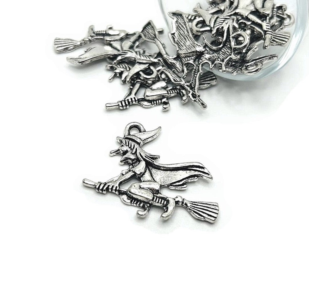 Silver Witch on Broom Halloween Charms, 30x37mm – US Seller