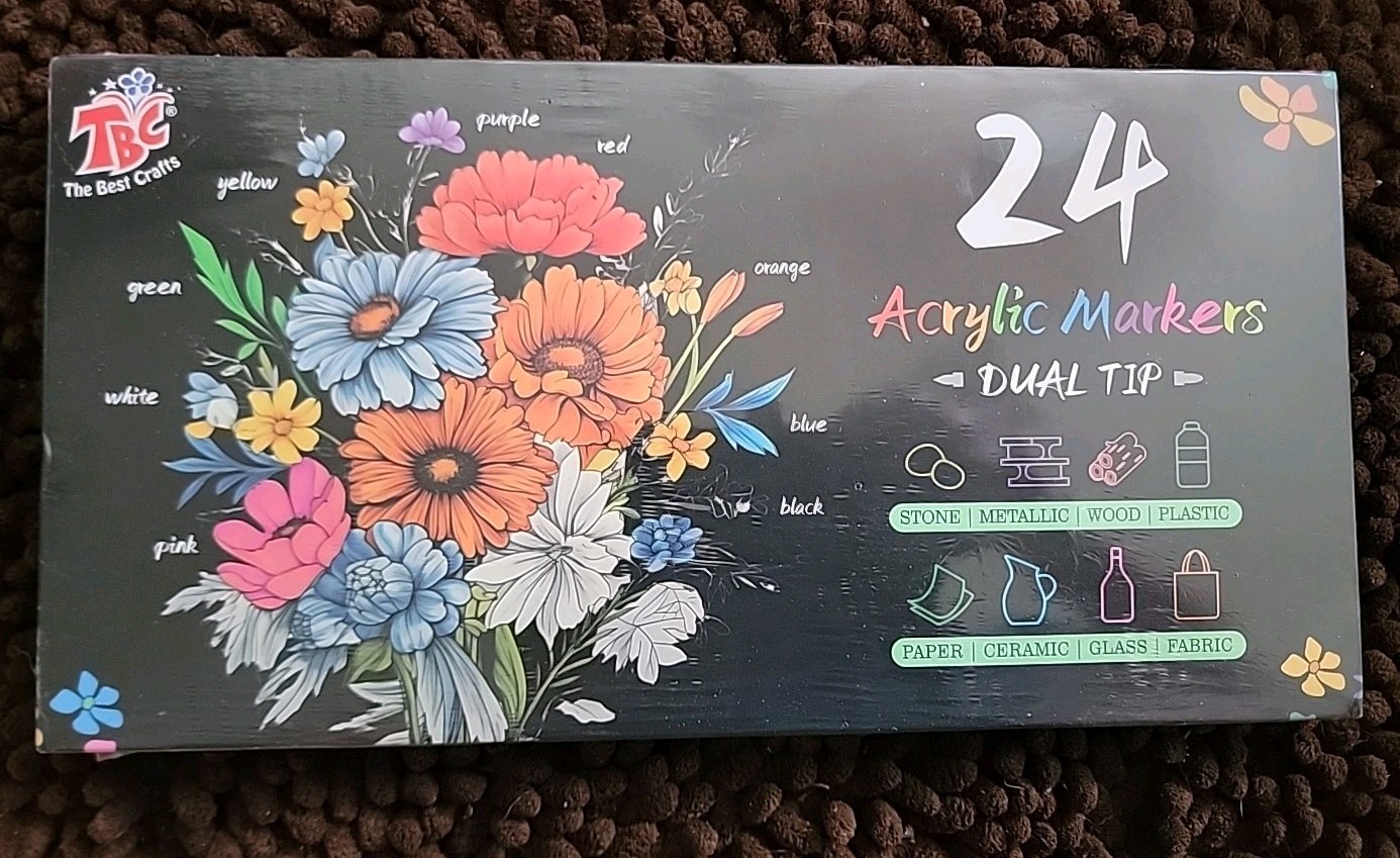 24 Acrylic Dual Tip Markers Stone Metal Glass Fabric Wood Plastic Paper Ceramic