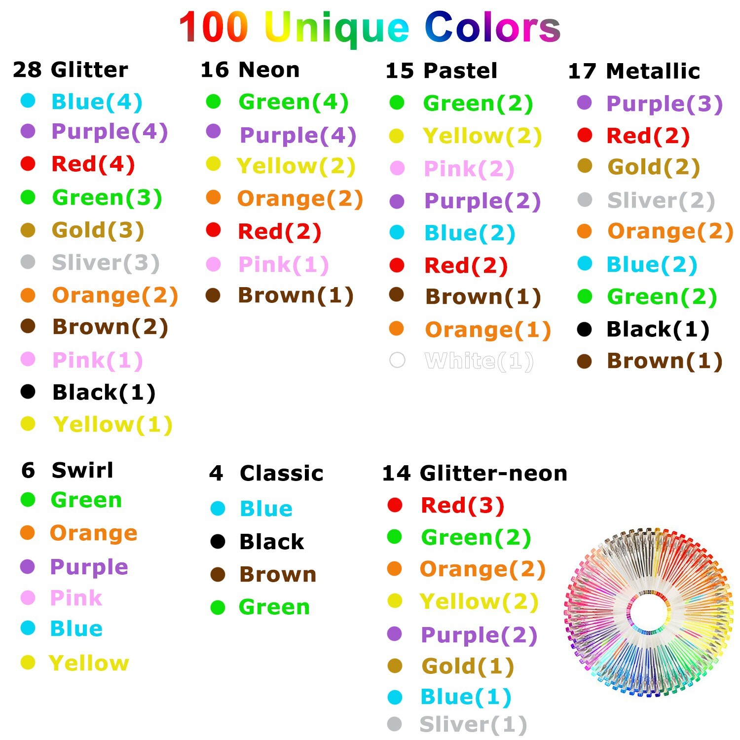 100 PCS Gel Pens Metallic Neon Glitter Pastel High Quality with Fine Points