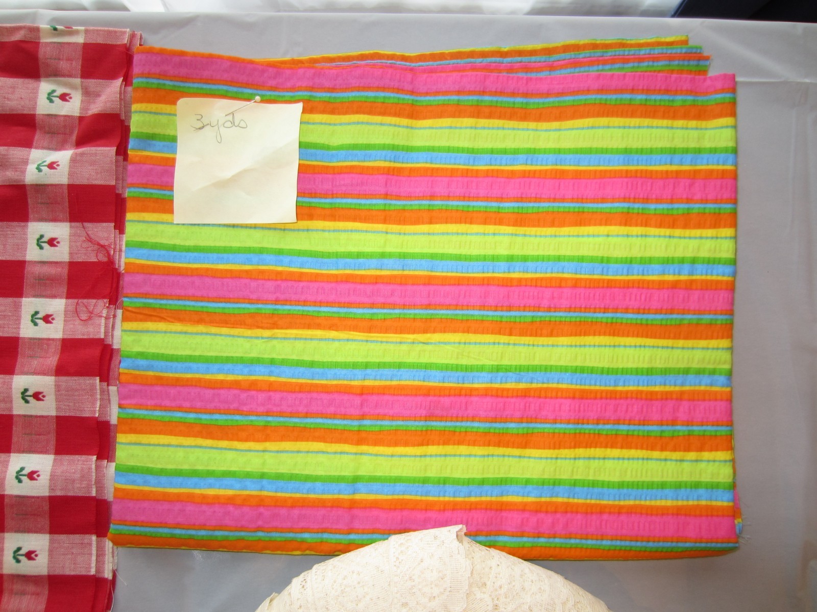Old Estate Find – Fabric & Lace LOT – Red Gingham Tulip Print Rainbow Stripe