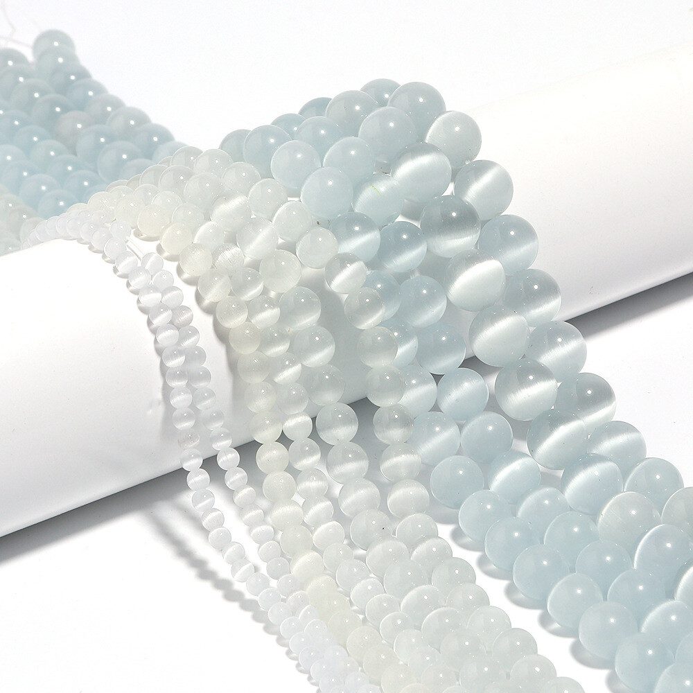 4-12mm Natural White Cat Eye Opal Stone Round Spacer Beads for Jewelry Making