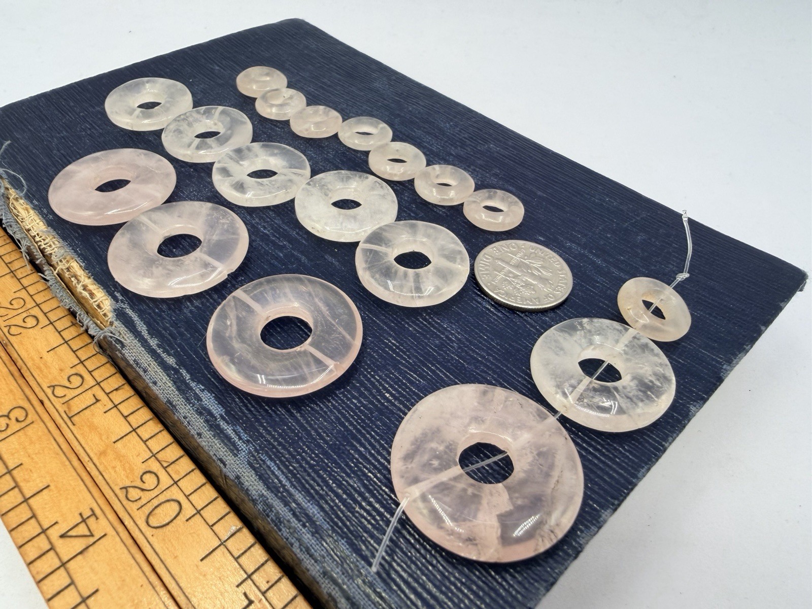 18 Pcs Vintage Carved Rose Quartz Beads Drilled Donuts Cages Mixed Size Artisan