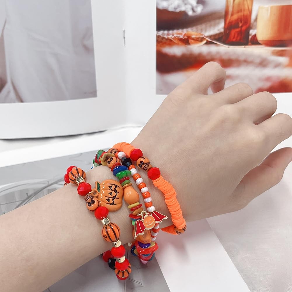 Halloween Bracelet Set Stack Spooky BOO Vinyl Disc Bead Artificial Crystal Stret