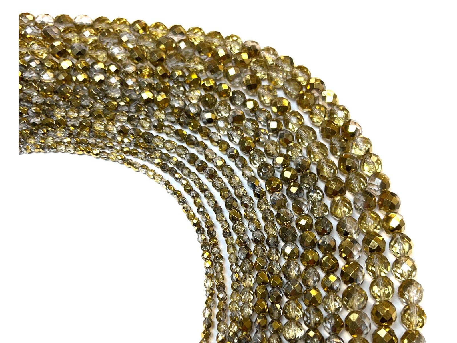 Czech Glass Fire Polished Round Faceted Beads Crystal Amber 2-sided Gold Half