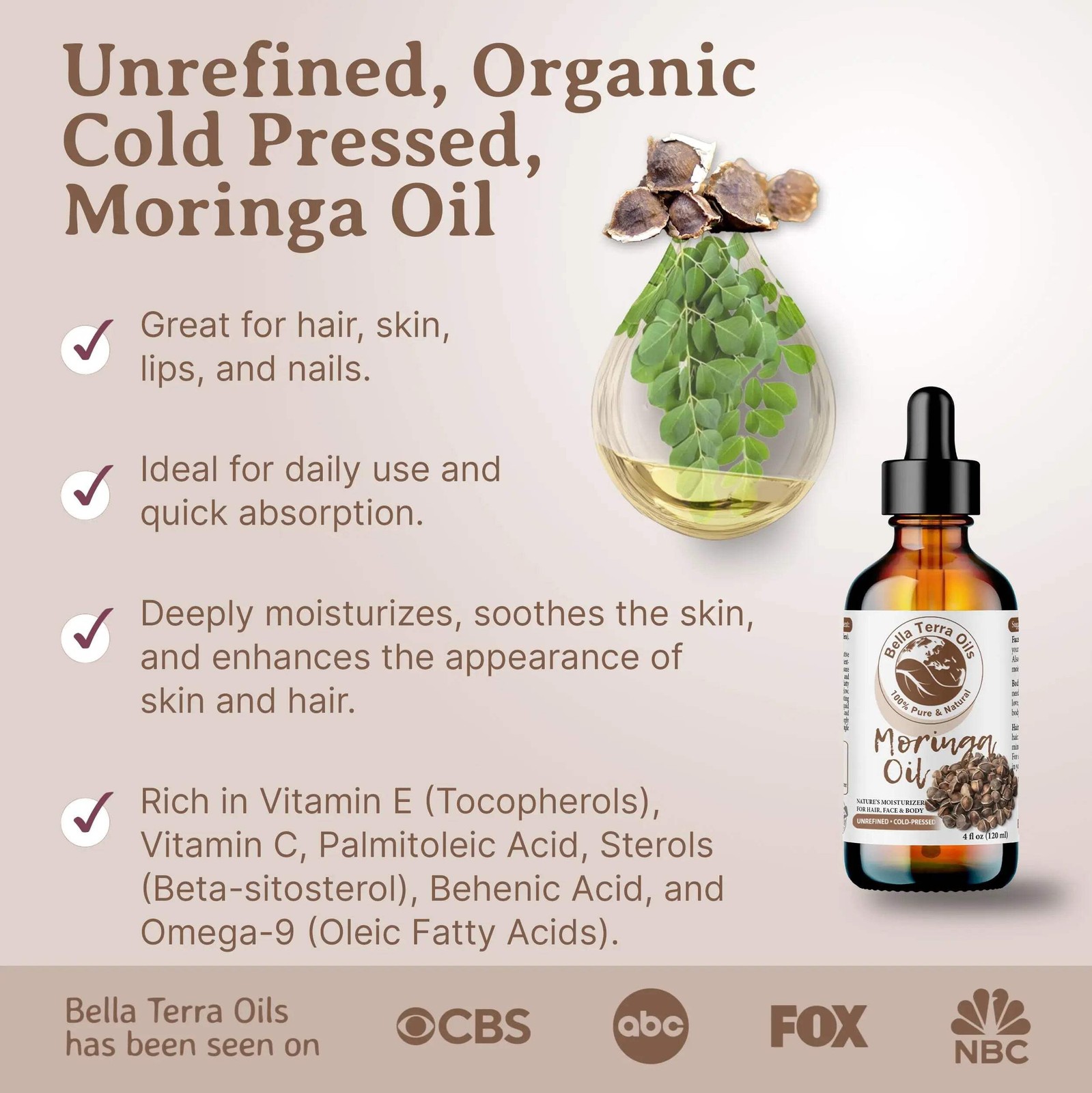 Organic Cold-Pressed Moringa Oil 100% Raw Pure Skin Hair Face Nails Moisturizer