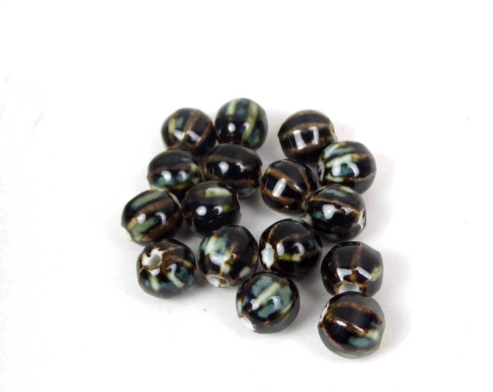 10 Forest Picasso Glazed Porcelain Pumpkin Melon Corrugated Round Beads 10mm