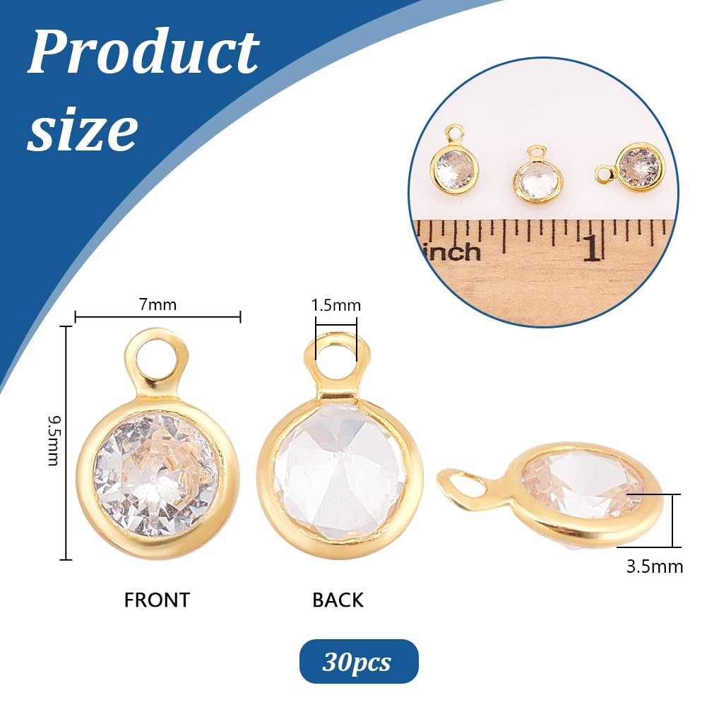 30Pcs 18K Gold Plated Cubic Zirconia Charms, Golden round Crystal Charms for DIY