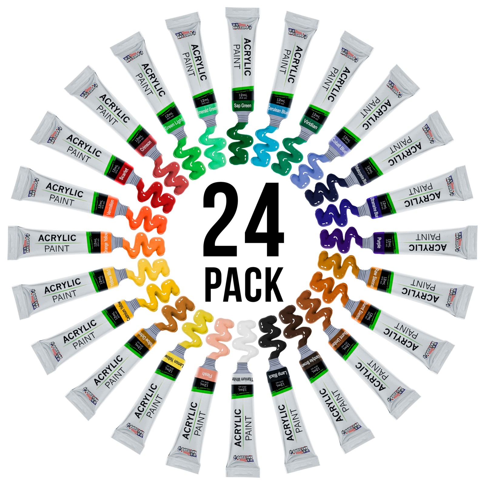 Professional 24 Color Art Acrylic Paint Set, 12ml Tubes, Artist Student Painting
