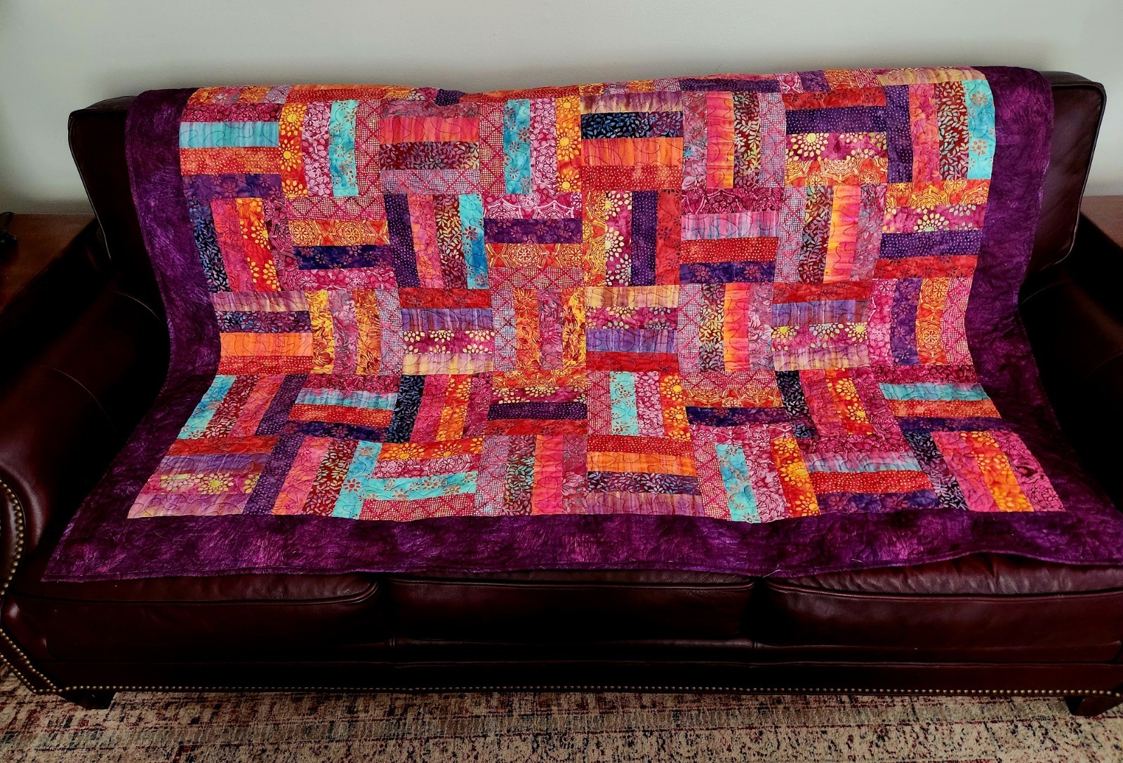 Homemade Quilt 52″ x 67″ Rail Fence pattern Modern BATIKS
