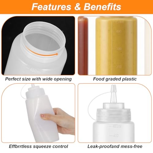 3 Pack 16oz Condiment Squeeze Bottles, Thickened Durable Squeeze Bottles for