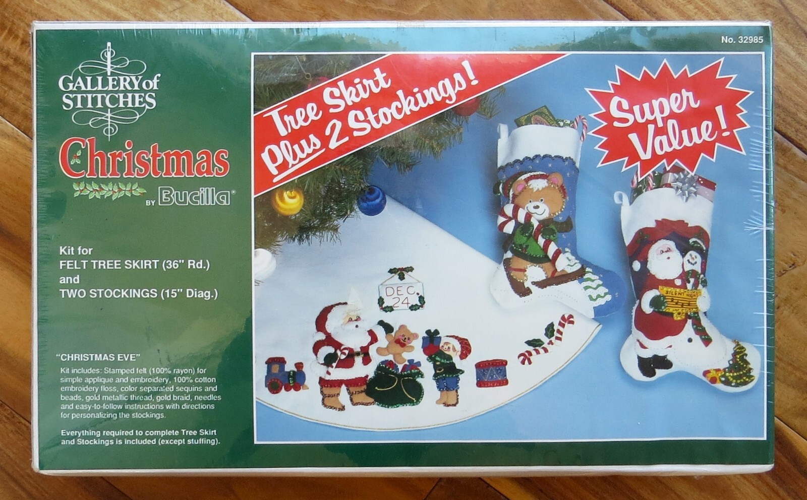 Vintage Bucilla Christmas FELT TREE SKIRT + 2 STOCKINGS Kit NEW Santa Sequins