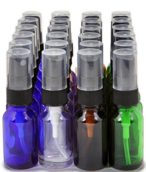 , 24, Assorted Colors, 15 ml (1/2 oz) Glass Bottles, with Black Fine Mist