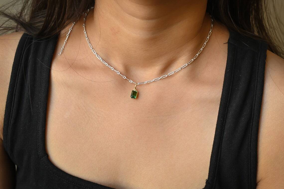 Green Tourmaline 18k Solid Gold Step Cut Charm Pendant Necklace Handmade Pendent