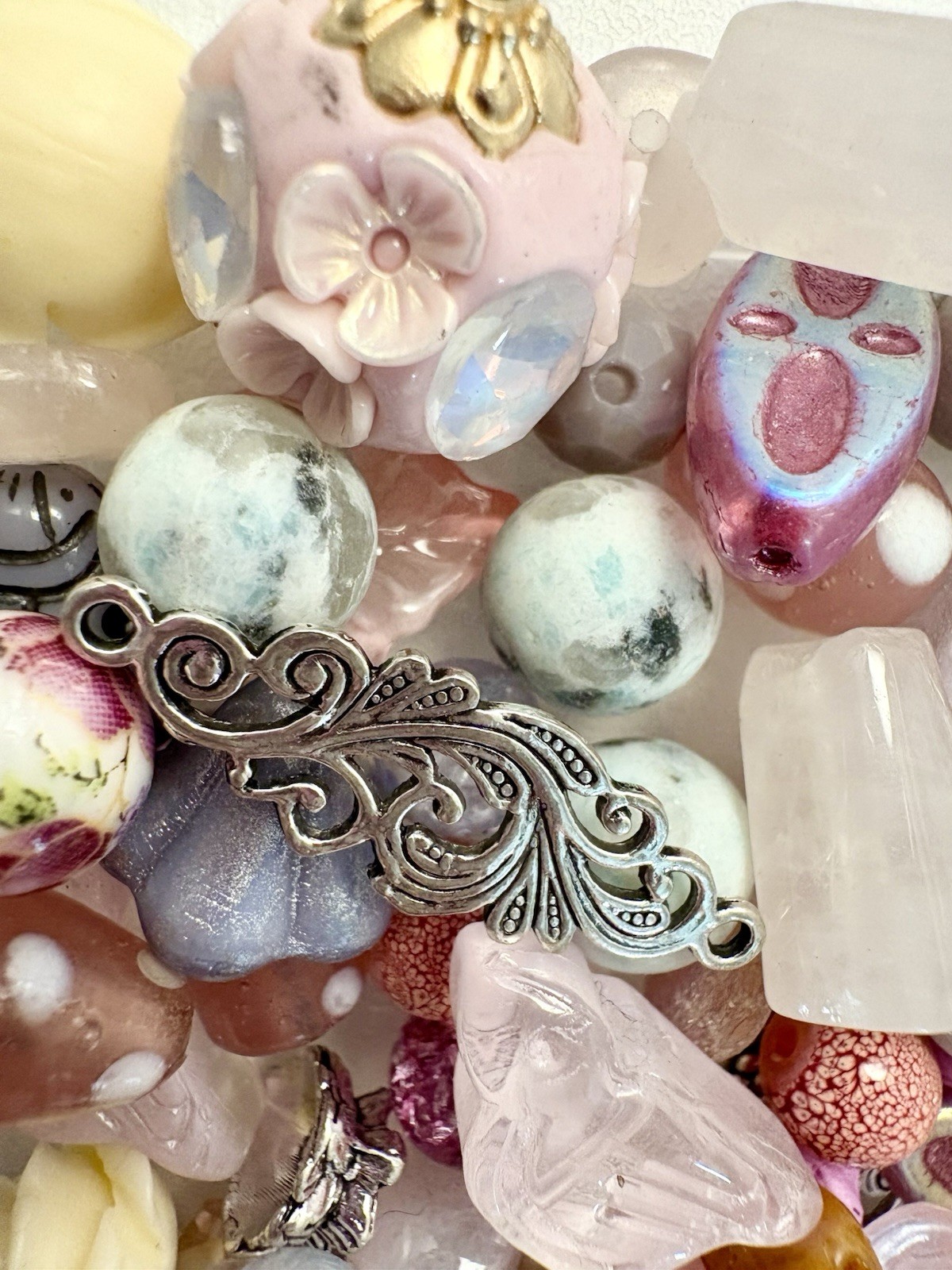 Pink Flowers BEAD MIX for Jewelry Making – Glass, Gemstone, Boho, Czech