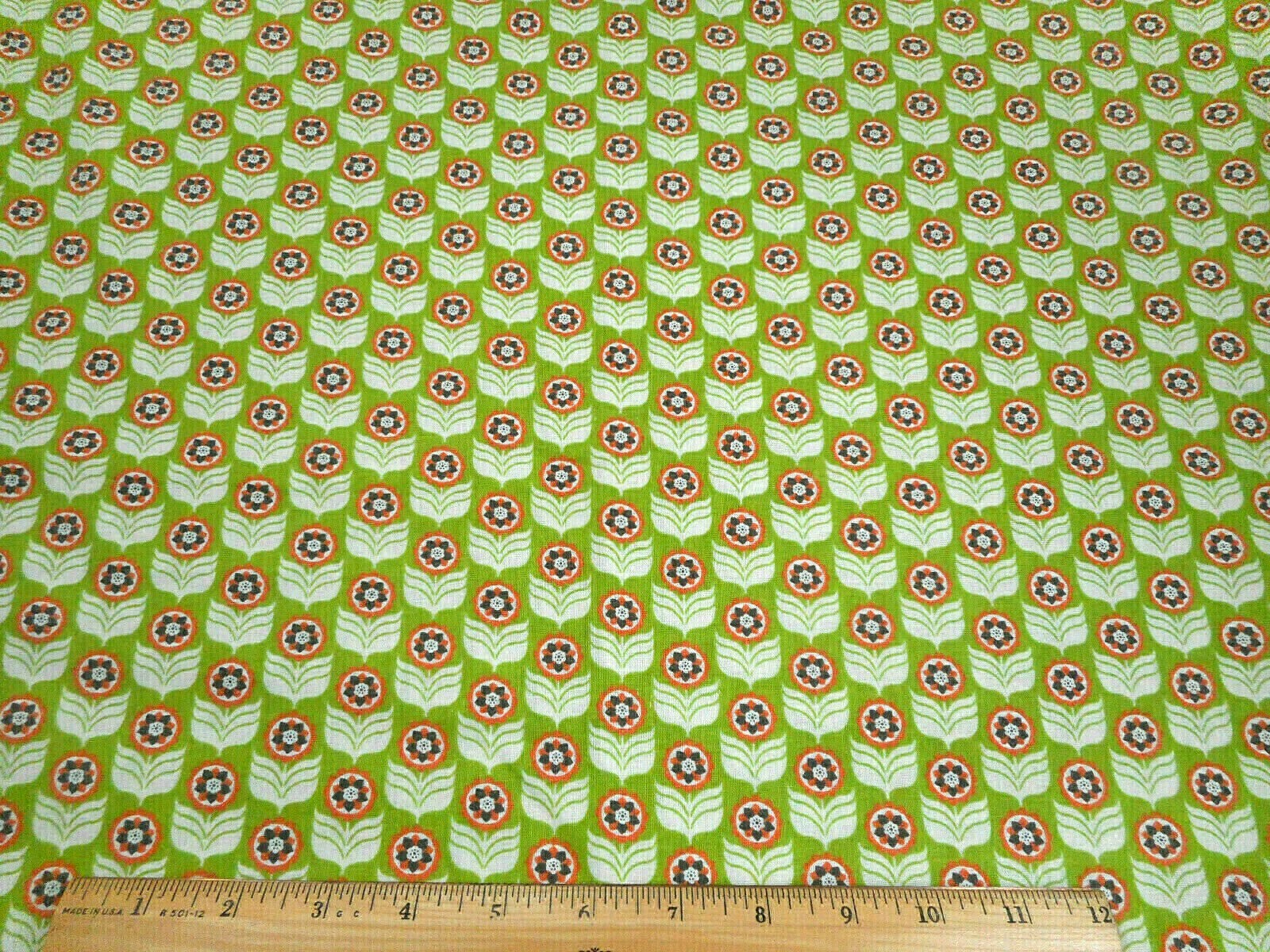 Quilt Fabric By The Yard Orange Gray Ivory Floral on Lime Green Cotton Vtg #PC