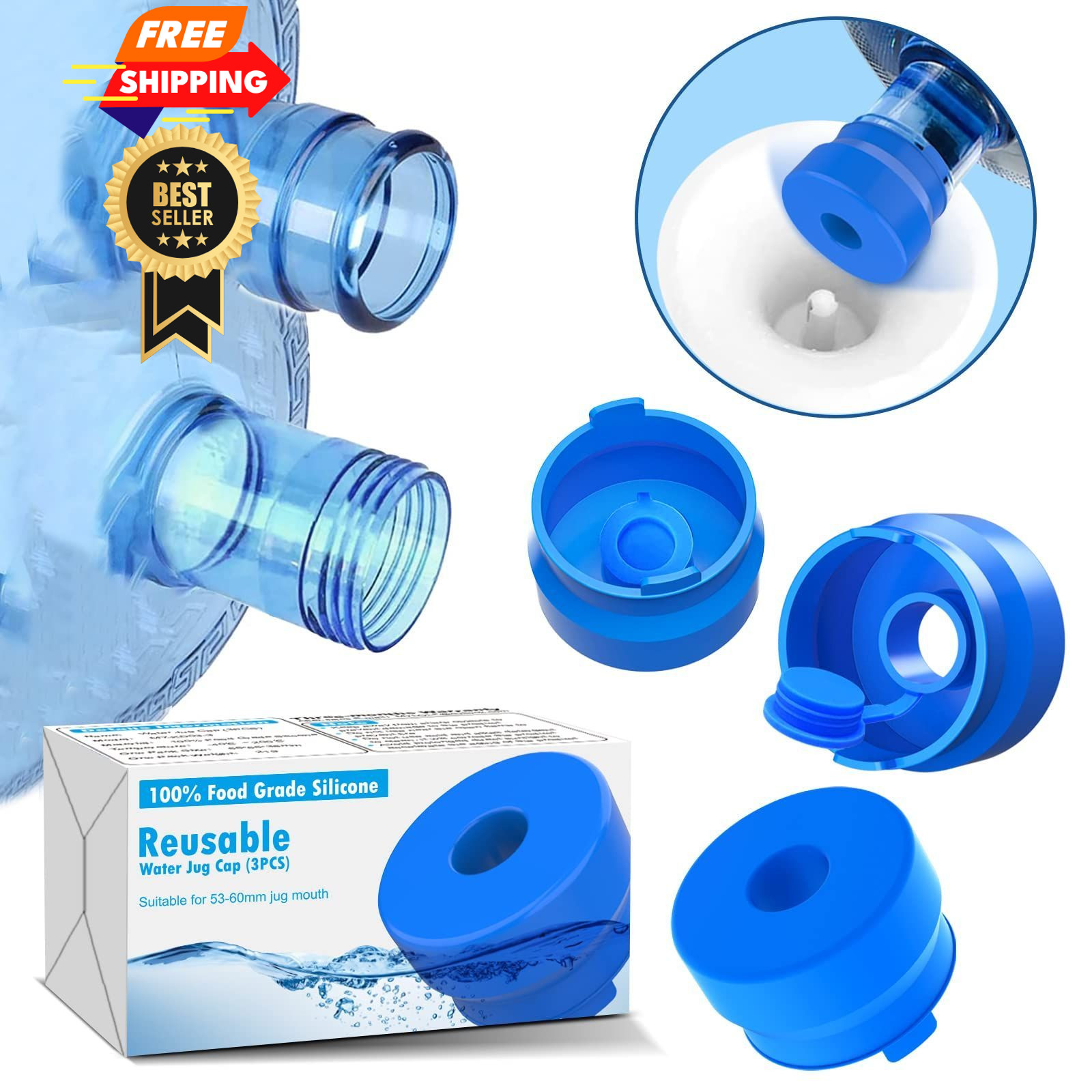 MYLOLF 3 & 5 Gallon Water Jug Cap, 3 Pack Reusable Food Grade Silicone Blue
