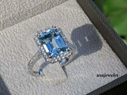 2CT Emerald Cut Real Aquamarine 14K White Gold Finish Wedding Halo Jewelry Ring