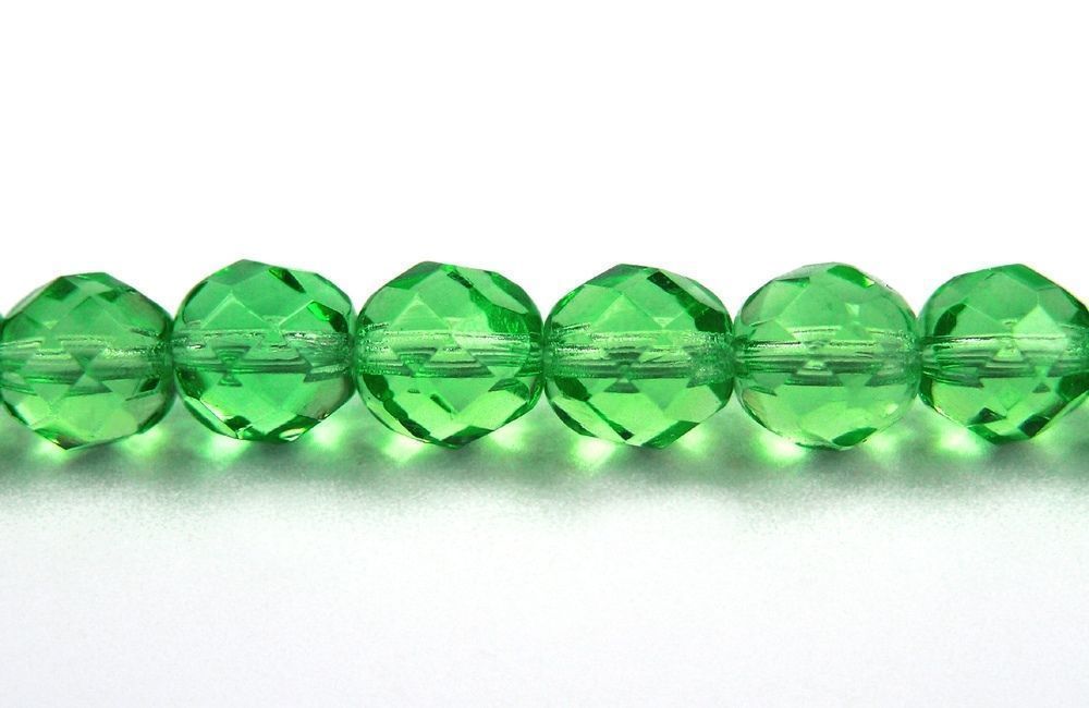 Czech Fire Polished Round Faceted Glass Beads in Peridot color, 16″ strand green