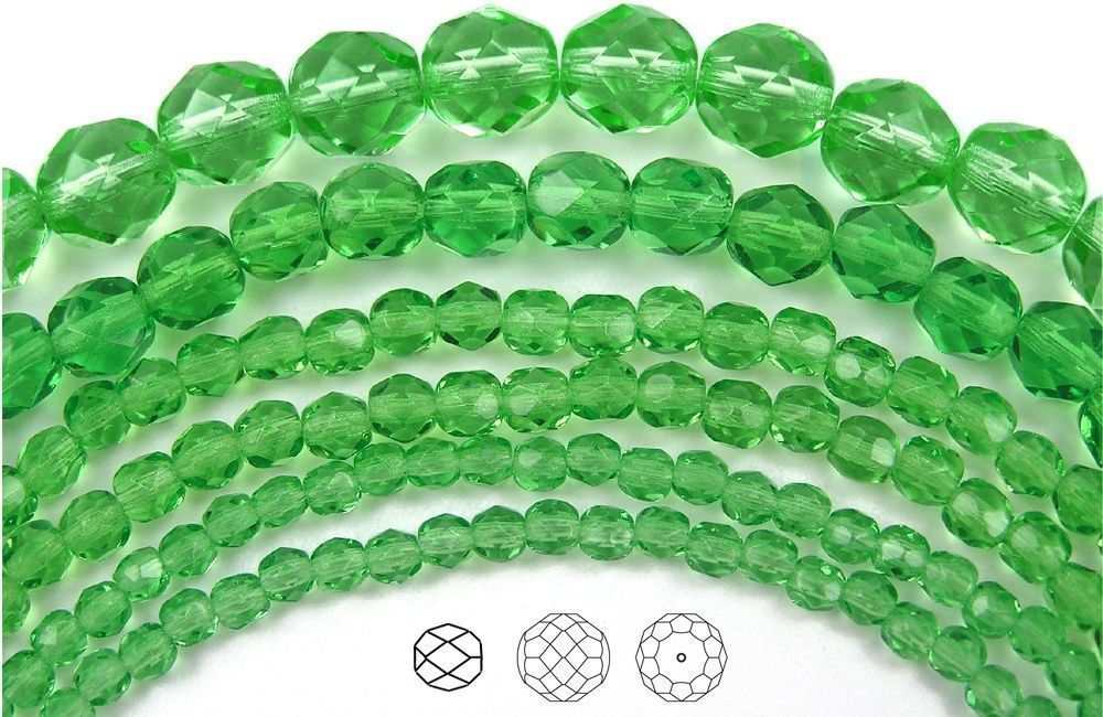 Czech Fire Polished Round Faceted Glass Beads in Peridot color, 16″ strand green