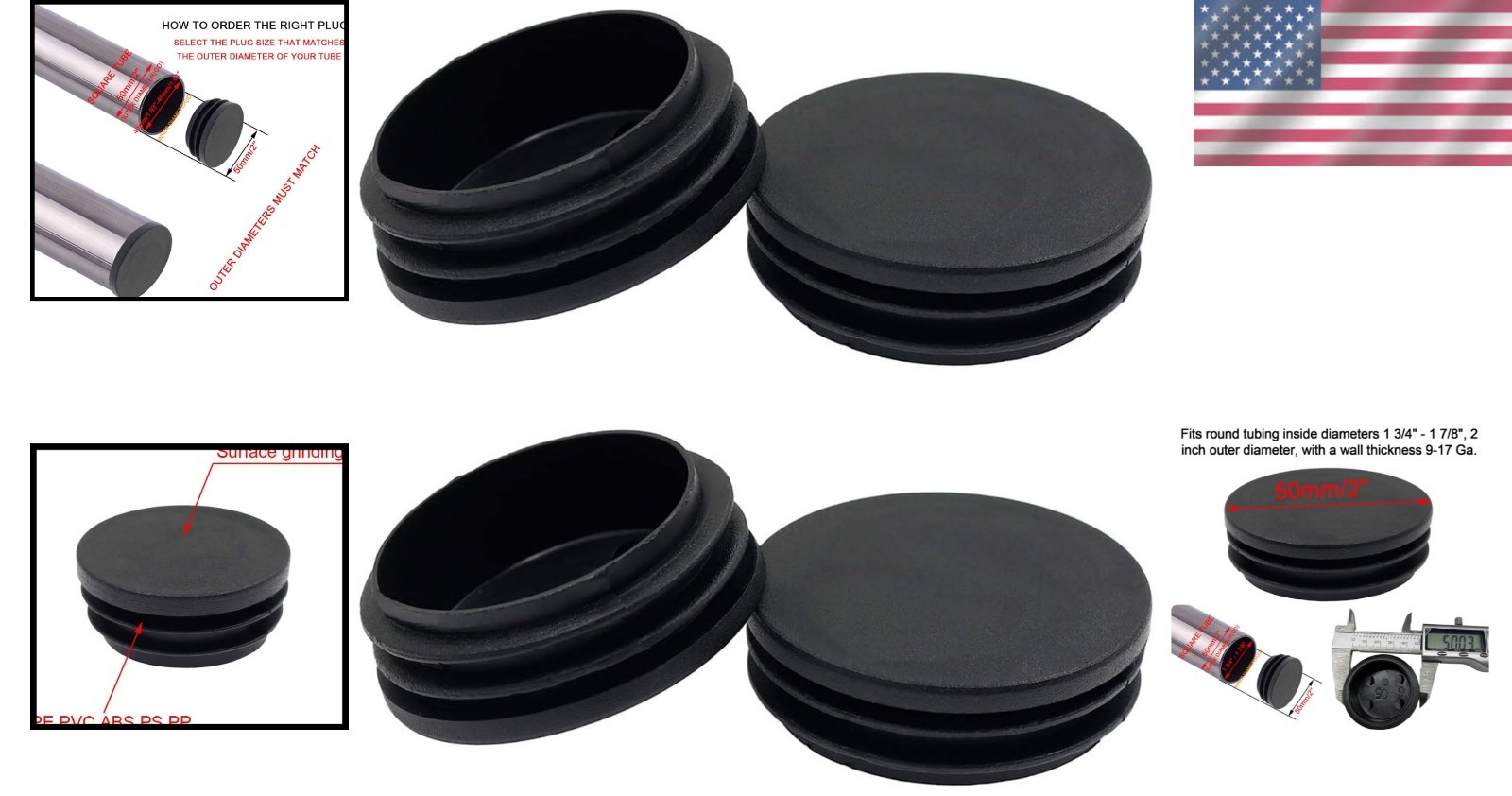 4 Pack 50mm Black Plastic Tube End Caps – Fit 1 3/4″ to 1 7/8″ Tubing