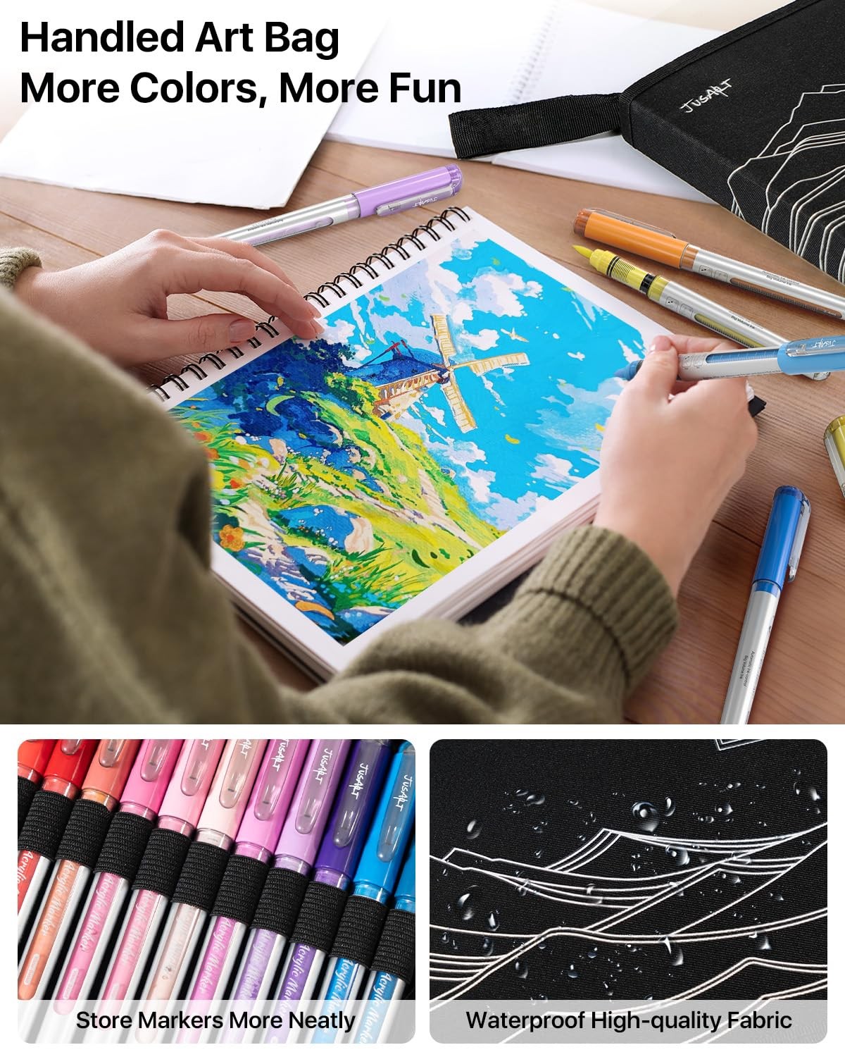 JusArt 72 Colors Acrylic Paint Markers with Canvas Bag, Water-Based No-Bleed …