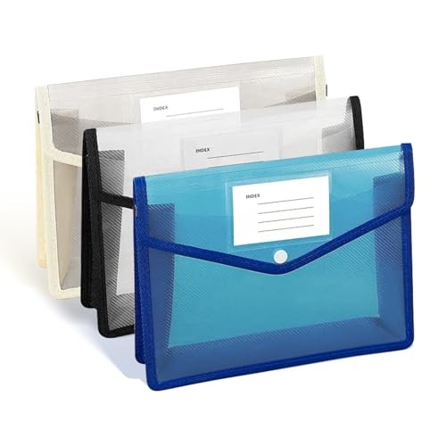 3Pcs Plastic Expanding File Folder, Transparent envelopes Blue+black+tea Grey