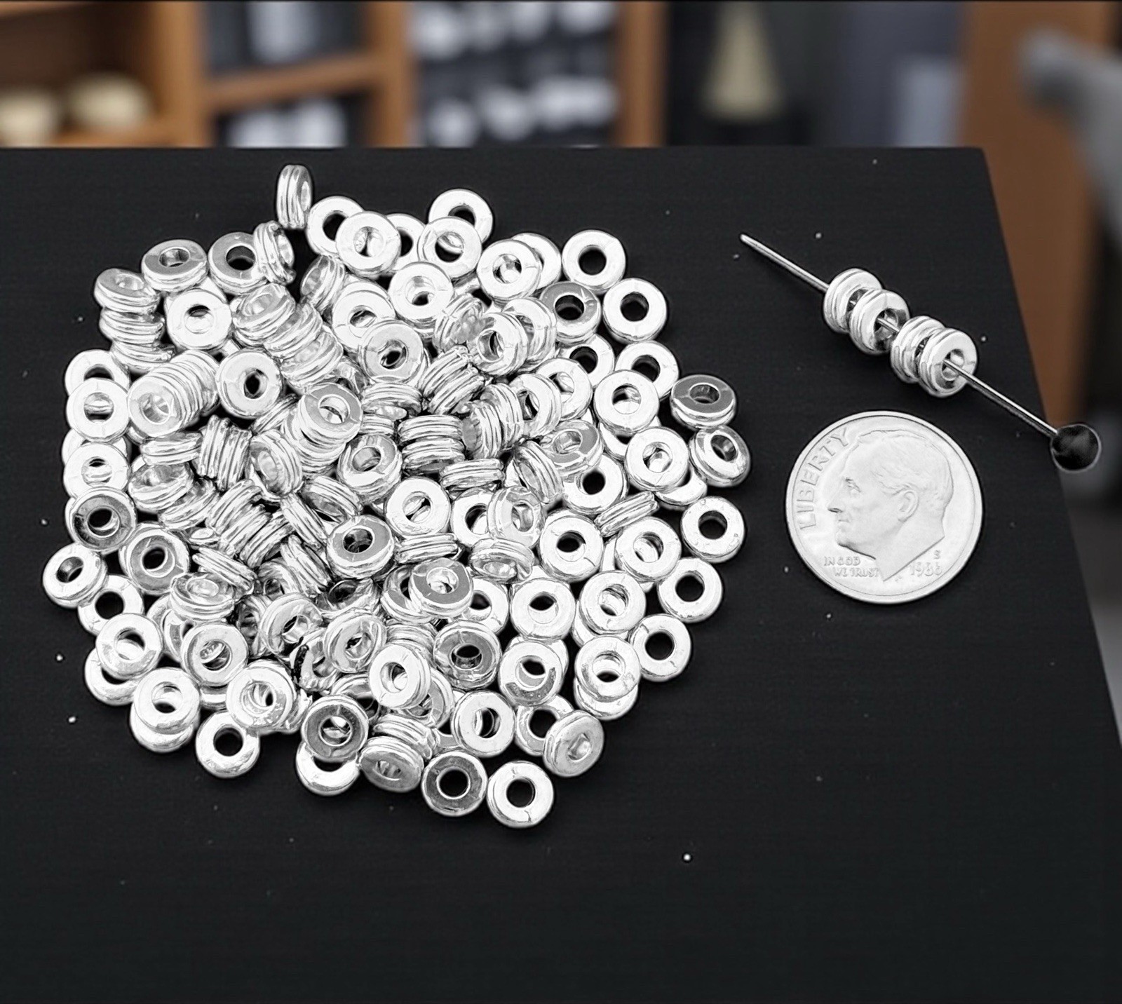 100 Antiqued Silver Spacer Beads 6.5×4.5mm Flat Round Ribbed Rondelle Findings