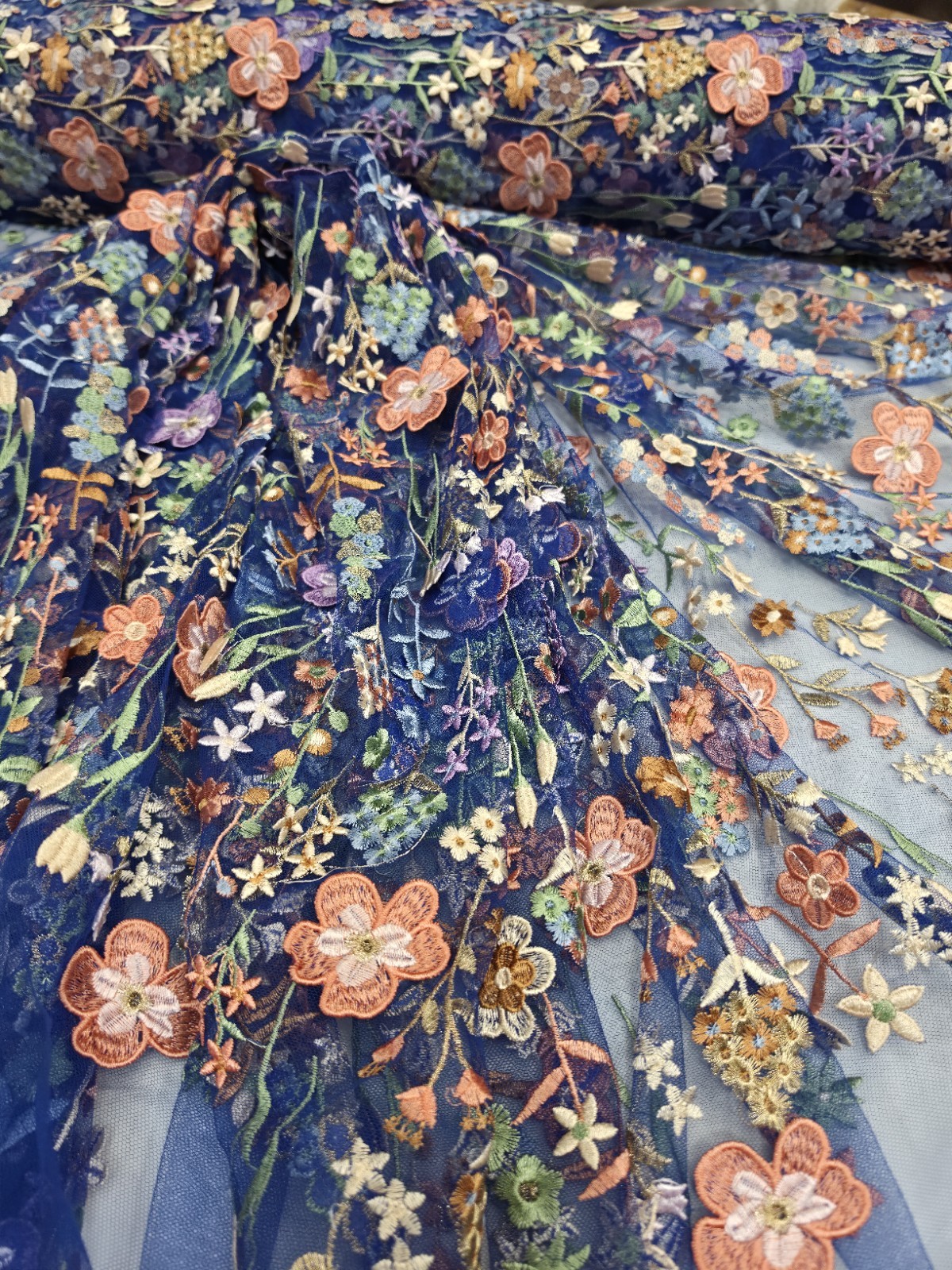 Royal Blue Lace Fabric Sold By The Yard Multicolor Embroidery 3d Floral