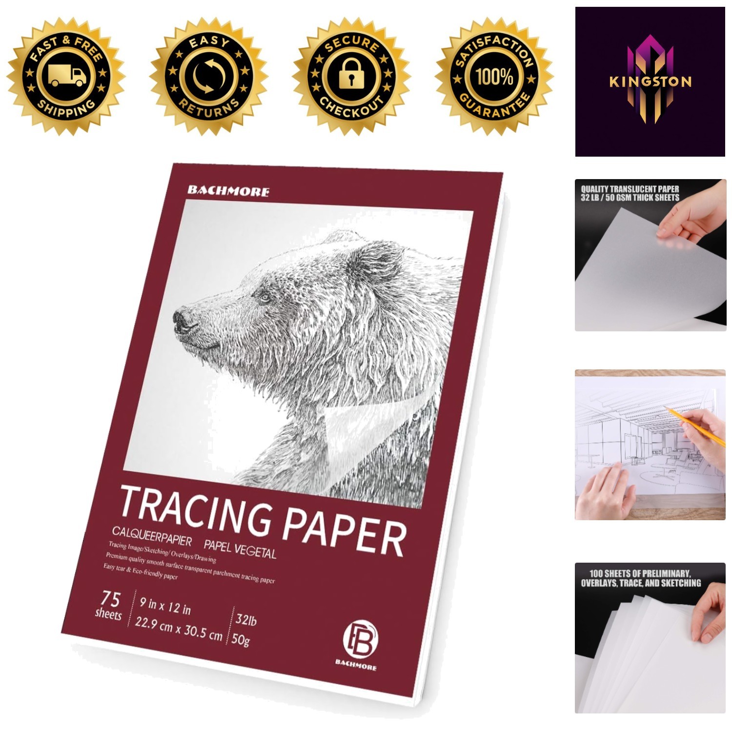 Bachmore 9″x12″ Artist Tracing Paper Pad – 75 Sheets, Acid-Free & Eco-Friendly