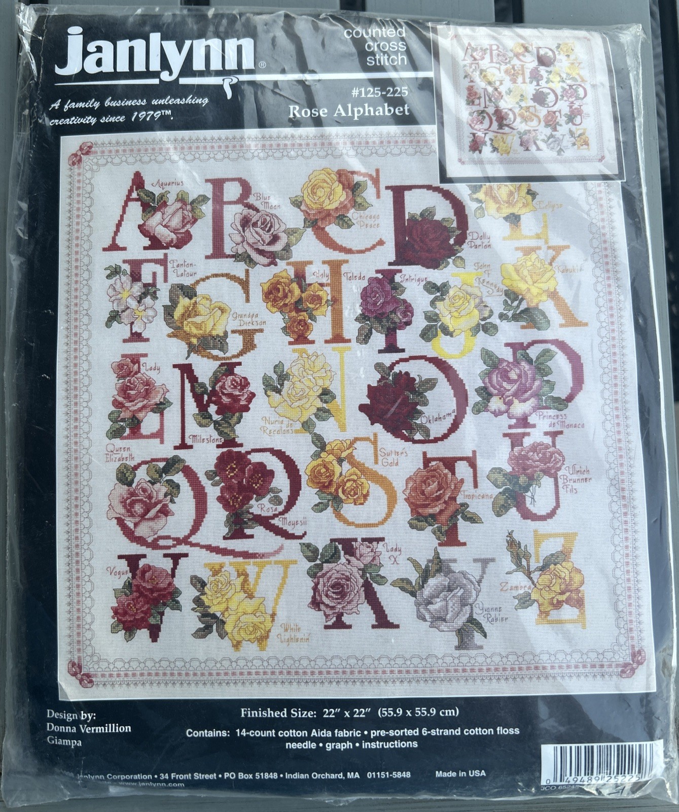 Vintage 1998 Janlynn Counted Cross Stitch Kit Rose Alphabet #125-225 22”X22” New