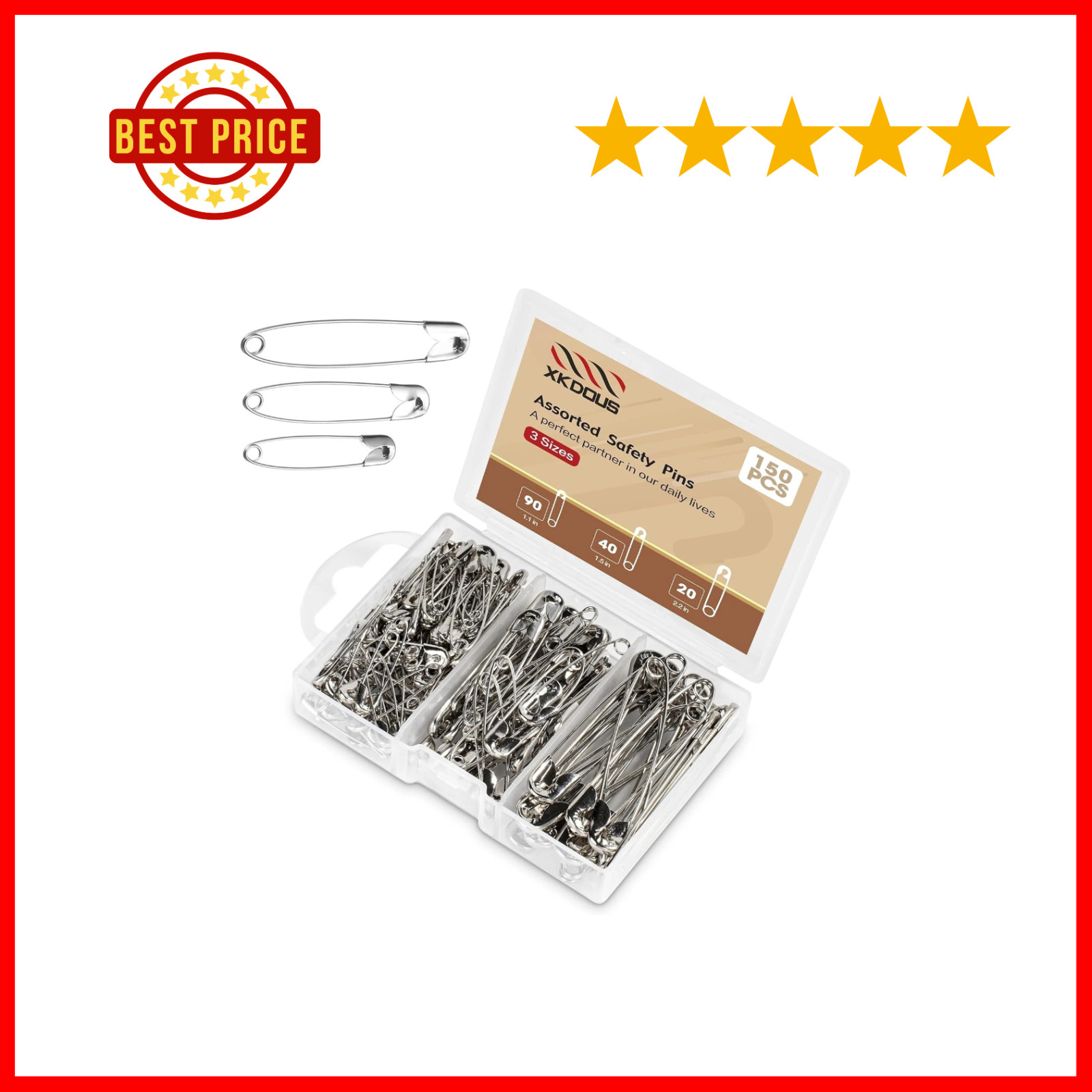Safety Pins – 150 Pcs Assorted Sizes Silver Pins Bulk – Small & Large Heavy Duty