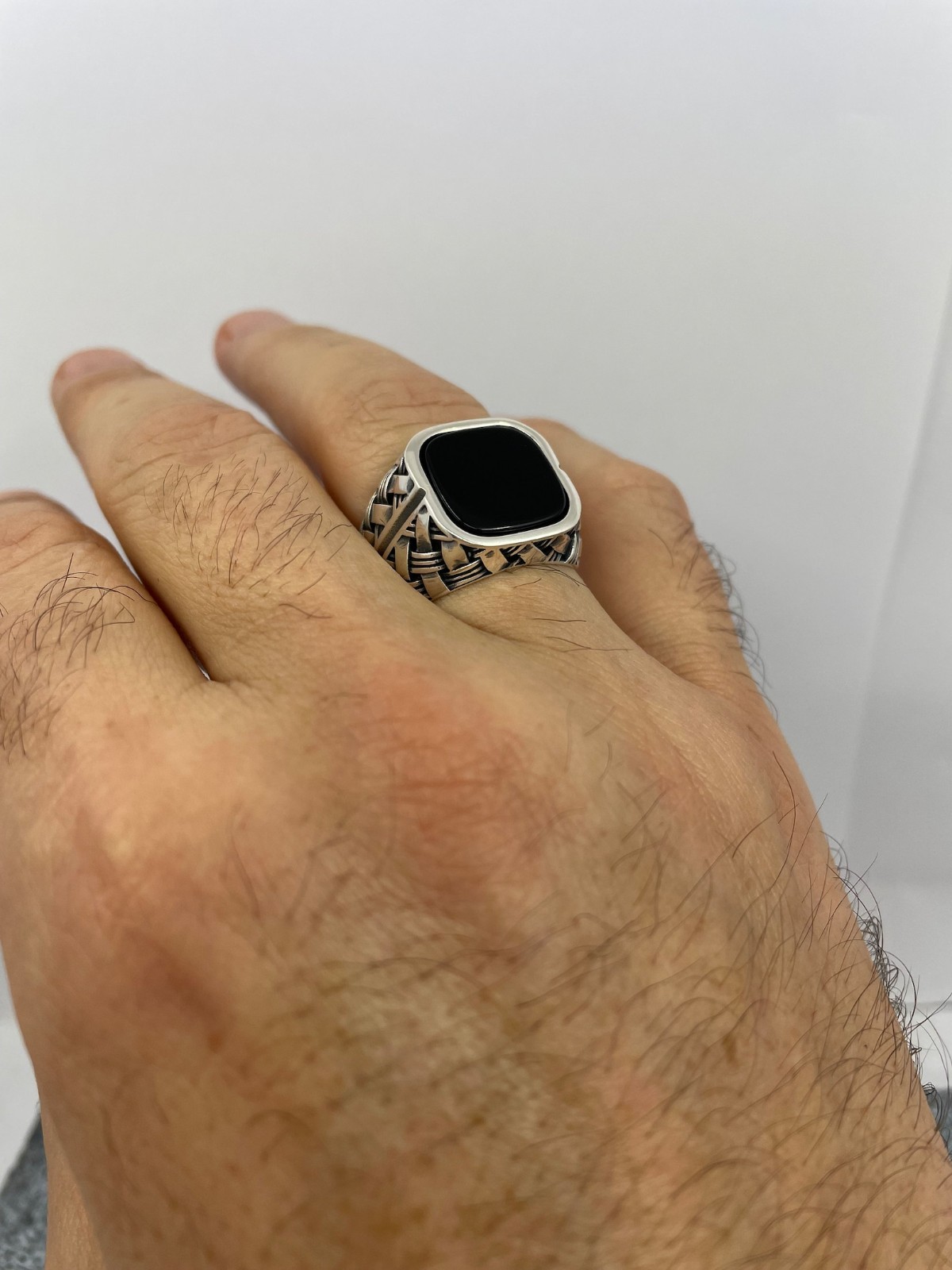 Cushion Black Onyx Men’s Ring, Chevron Arrow Design, Vintage Punk Gothic Stateme