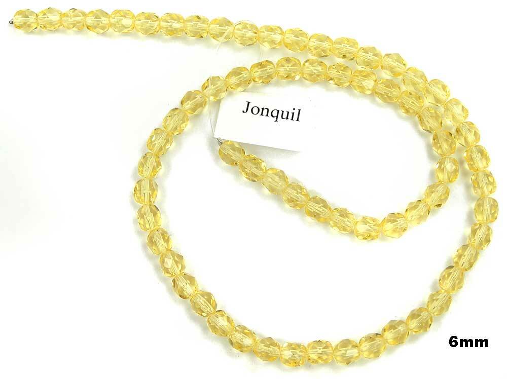 Czech Fire Polished Round Faceted Glass Beads Jonquil color, 16″ strand, yellow