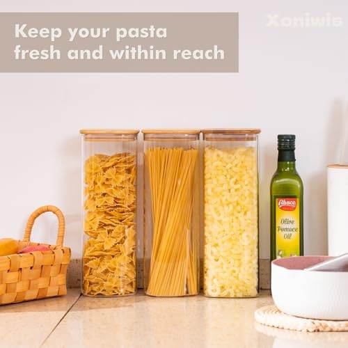 3-Pack 2.2Qt Square Glass Spaghetti Jars with Bamboo Lids, Tall Food 2.2Qt*2
