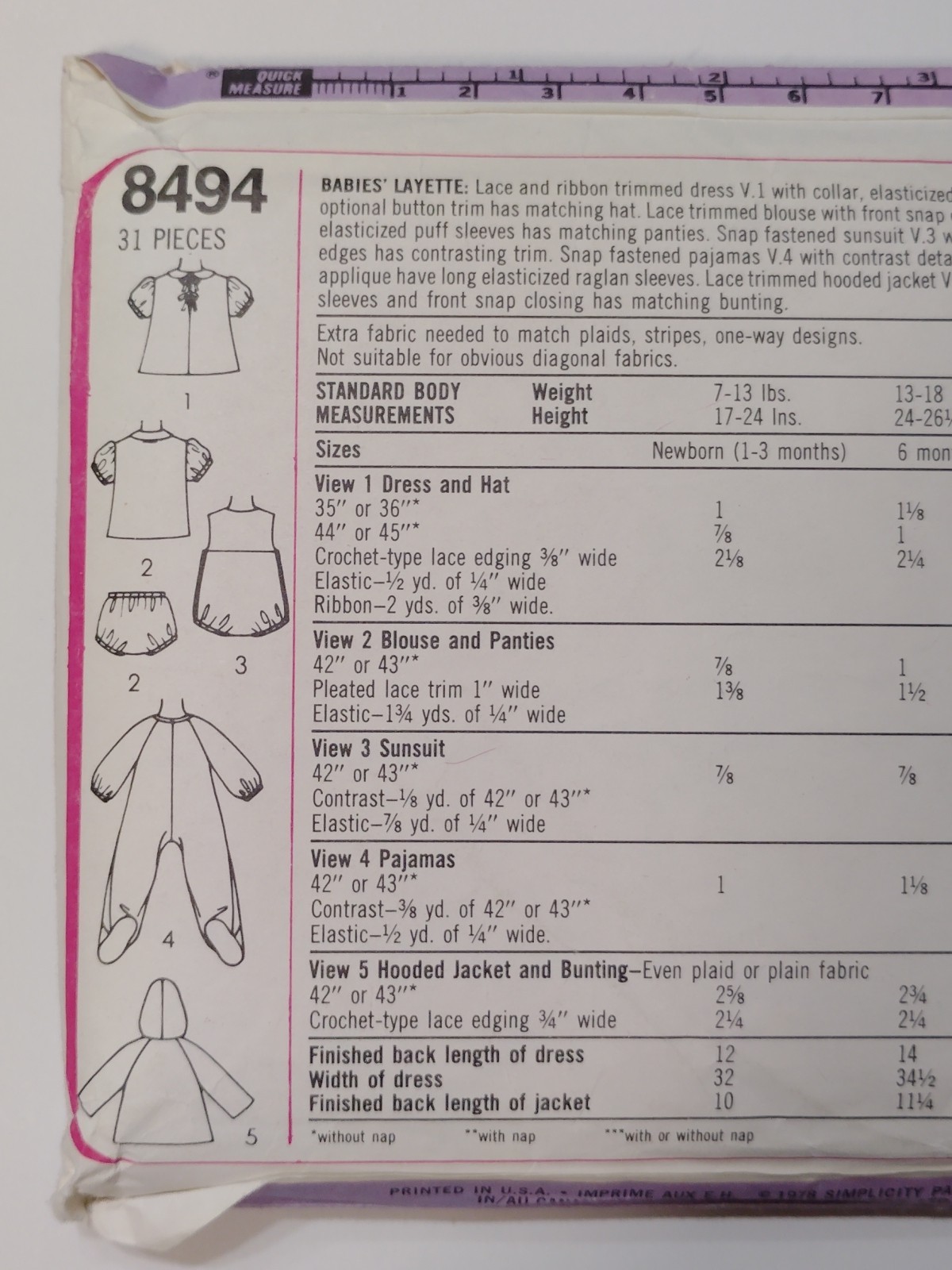 Simplicity 8494 Sewing Pattern Layette Infants NB 1M 2M 3M VTG Cut Sleeper Dress
