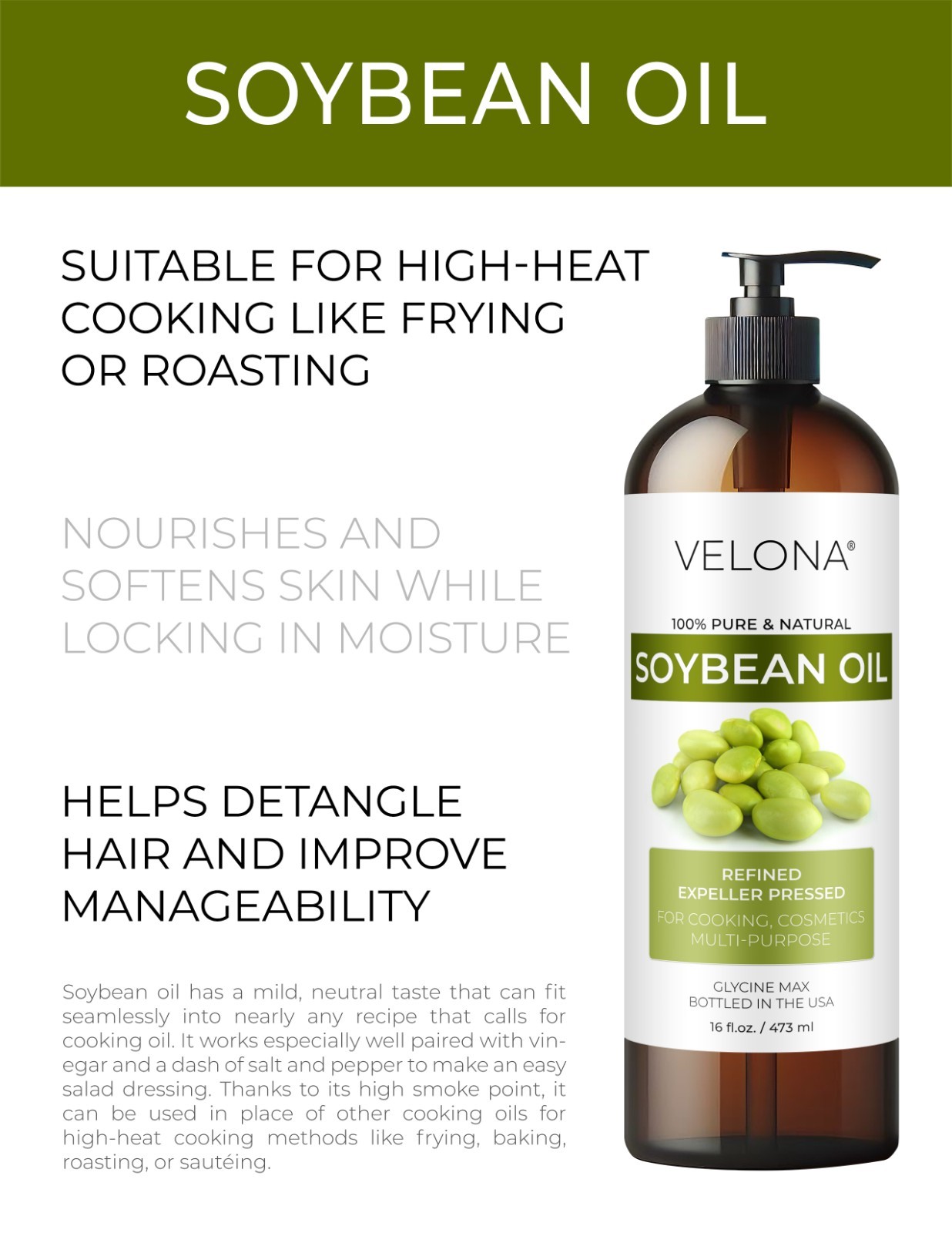 Velona Soybean Oil | 100% Pure and Natural Carrier Oil | Refined Cooking