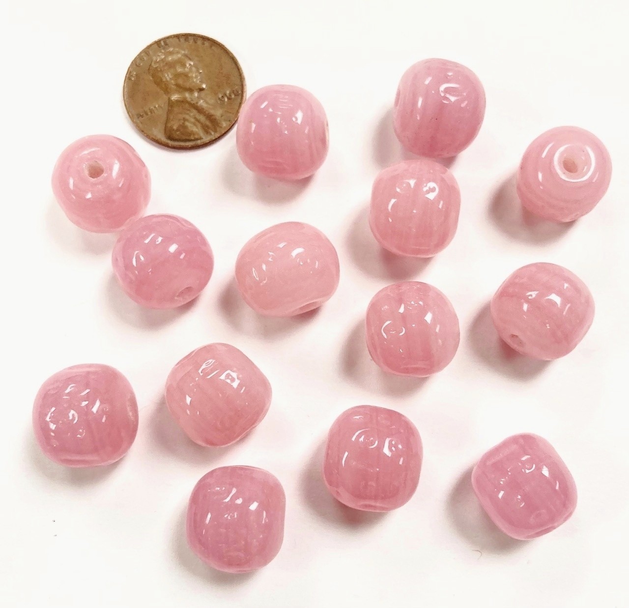 24 VINTAGE JAPAN CHERRY BRAND GLASS ROSE QUARTZ 14mm. BAROQUE ROUND BEADS 4636T