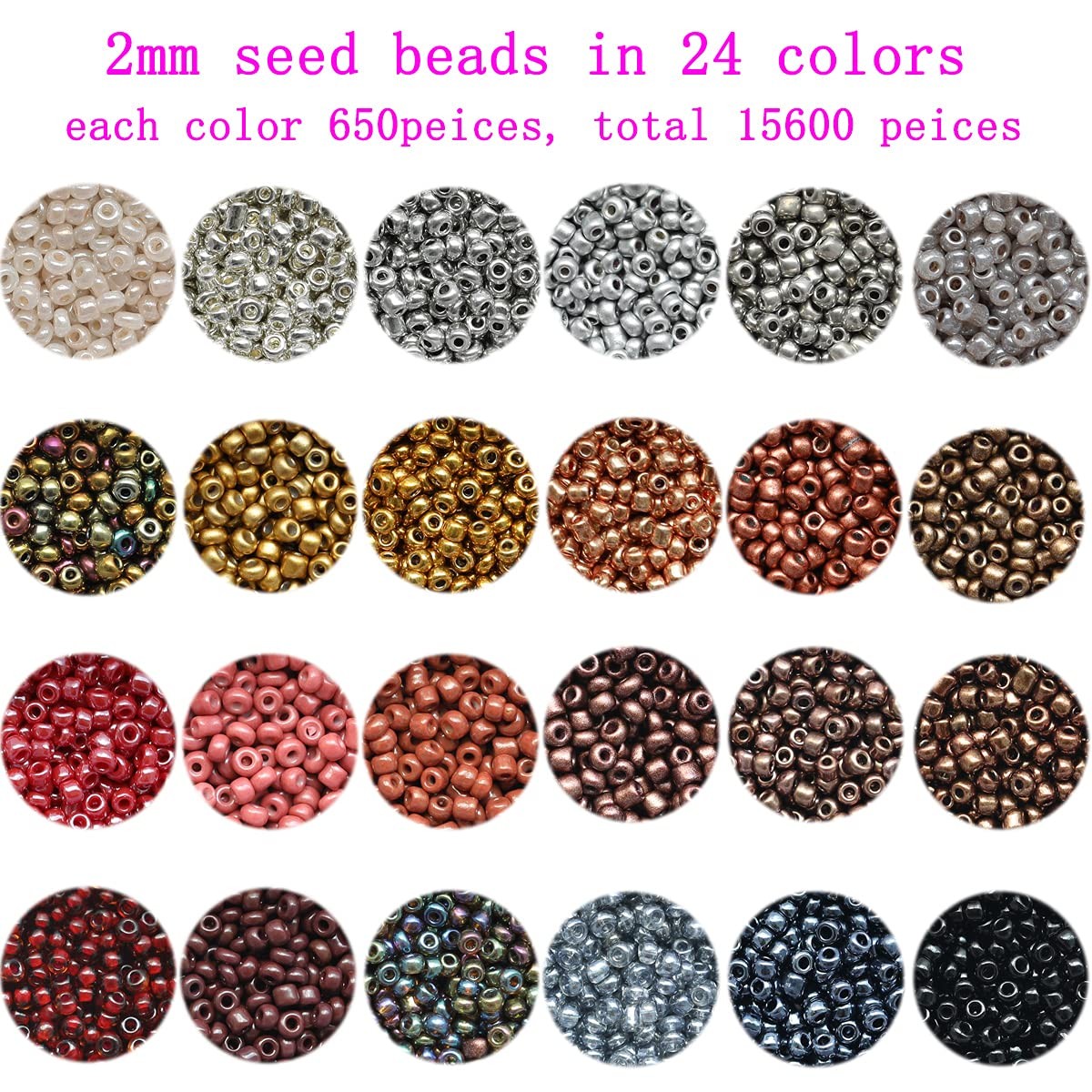 12/0 Glass Seed Beads About 15600pcs 24 Colors Loose Seed Beads 2mm 24 Colors A