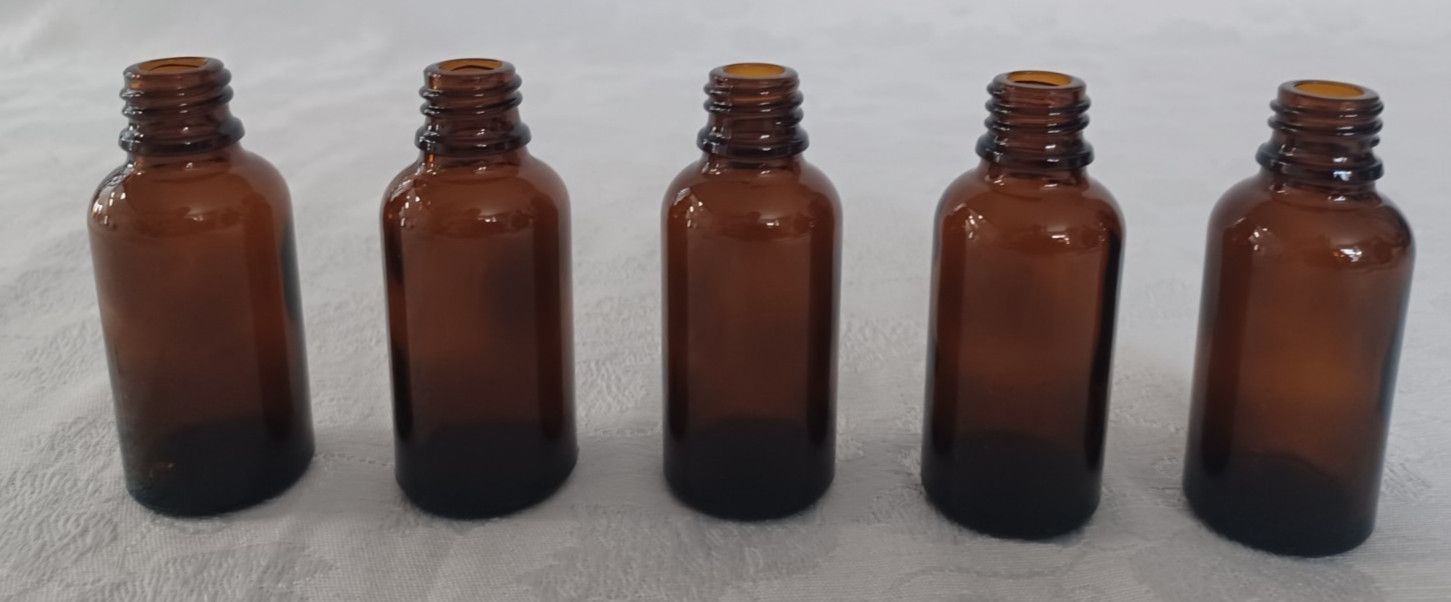 5PCS 30ML/1 OZ AMBER GLASS BOTTLES NOS NO LIDS