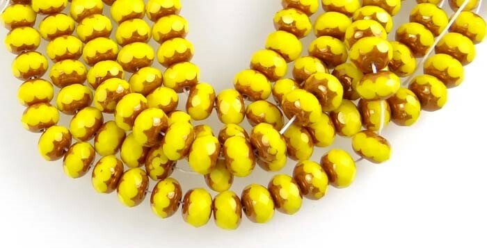 25 Czech Glass Gemstone Cut Faceted Rondelle Donut 7x5mm: Copper – Opaque Yellow