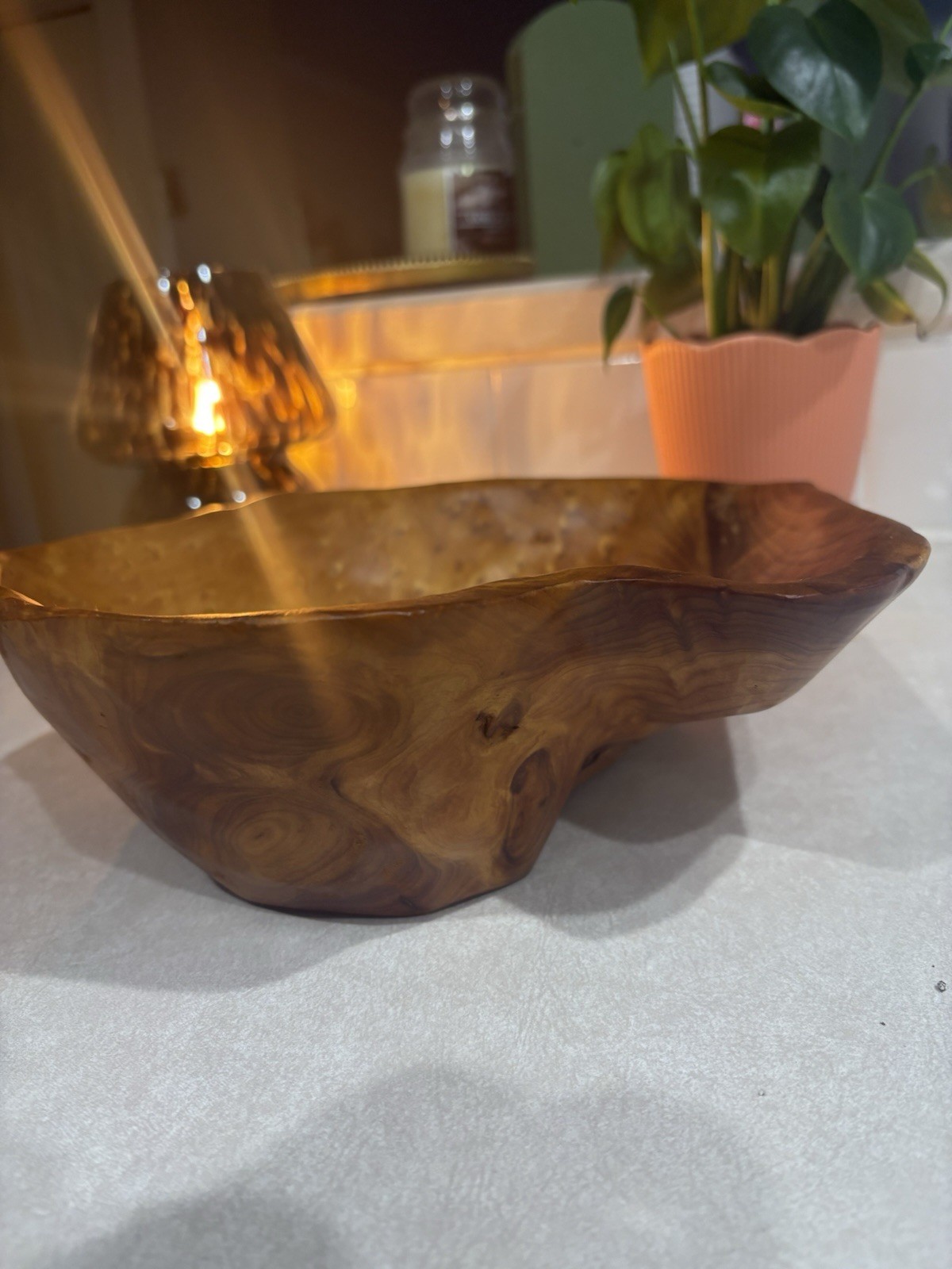 Vintage Hand Carved Live Edge Burl Wood Bowl 10” Organic Modern Centerpiece Art