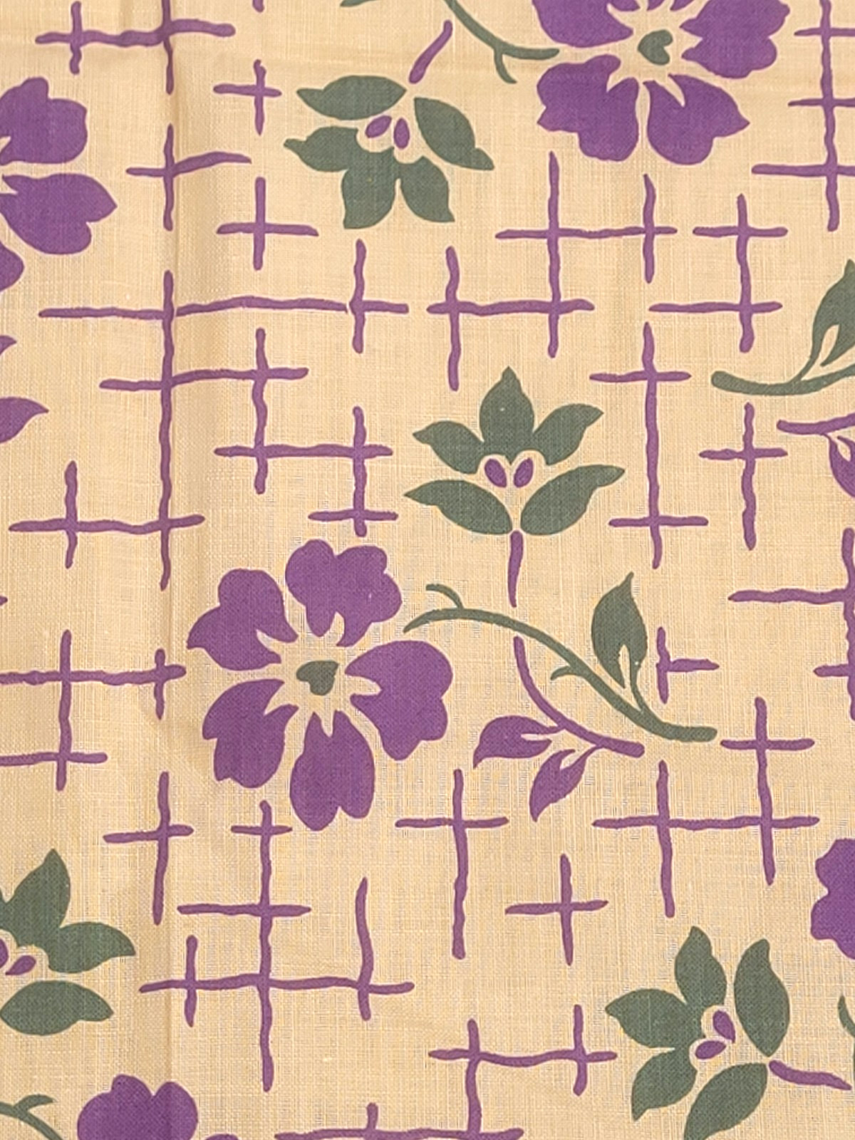3.5 yds VTG Purple Flowers Green Trellis Tan Cotton Blend Fabric 35″ Wide