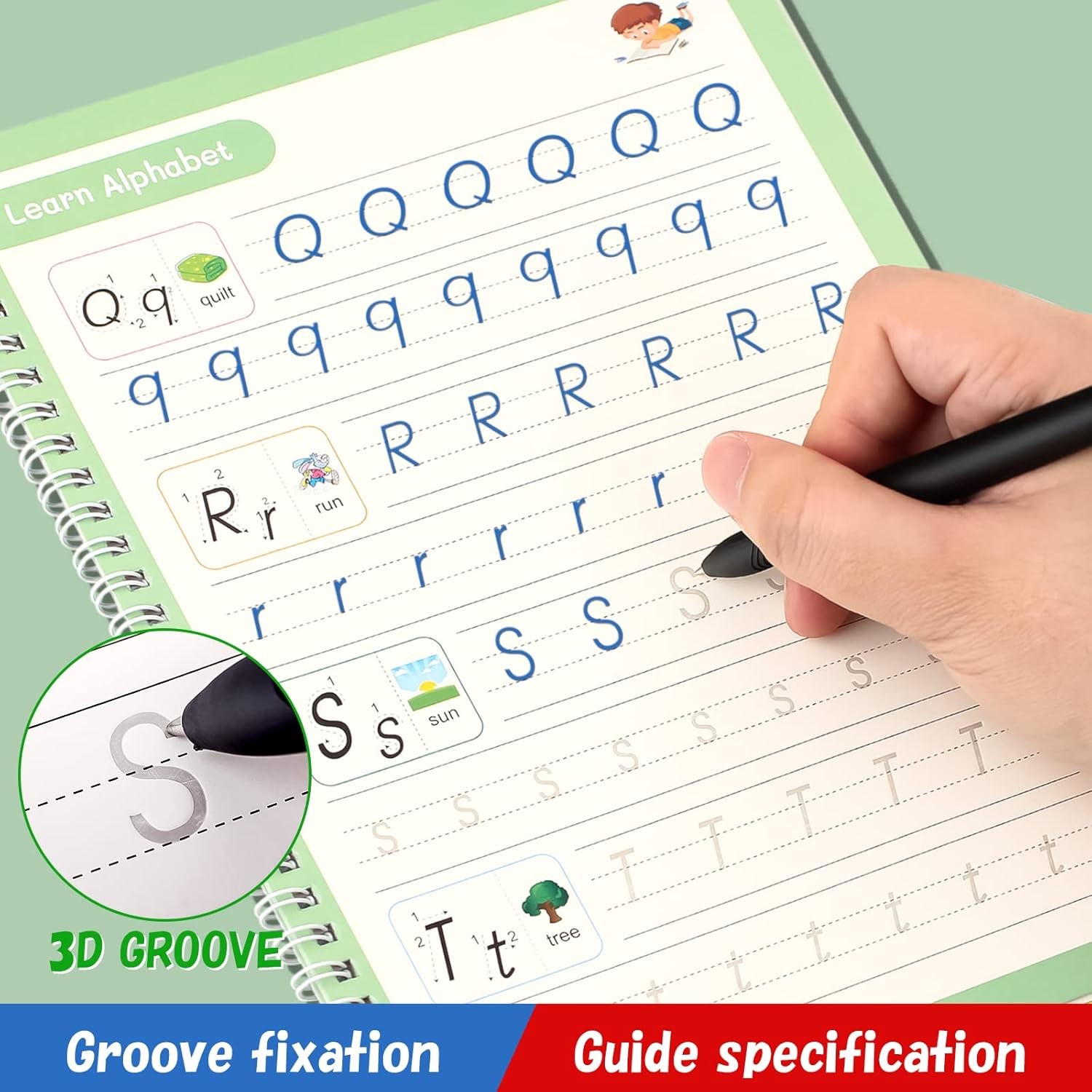 4 Magic Grooved Writing Practice for Kids Ages 3-8, Reusable Grooved Handwriting